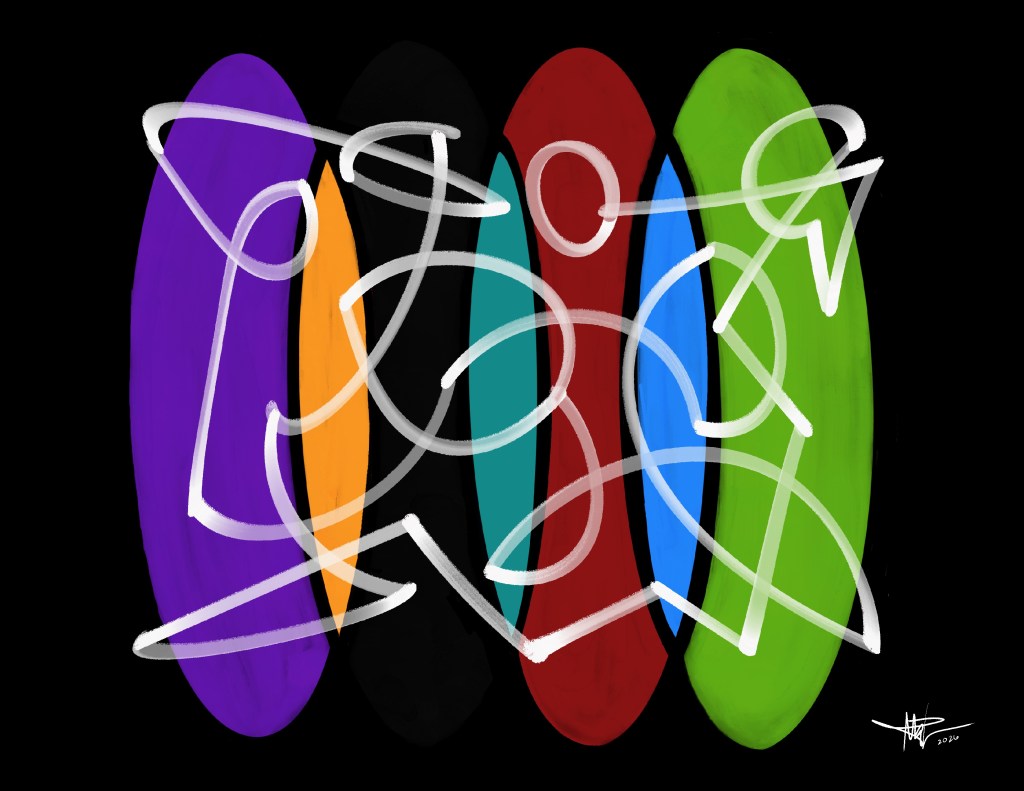 Digital drawing of overlapping ovals of different colors. White airbrush strokes scribbled over them.
